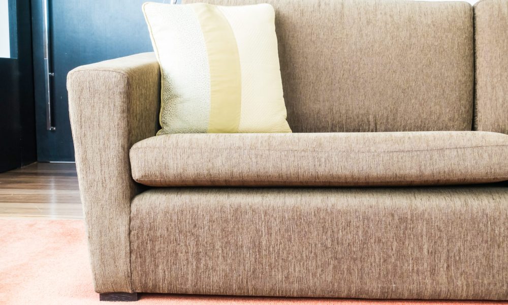 Canapé en tissu brun avec coussin décoratif sur un tapis beige.
