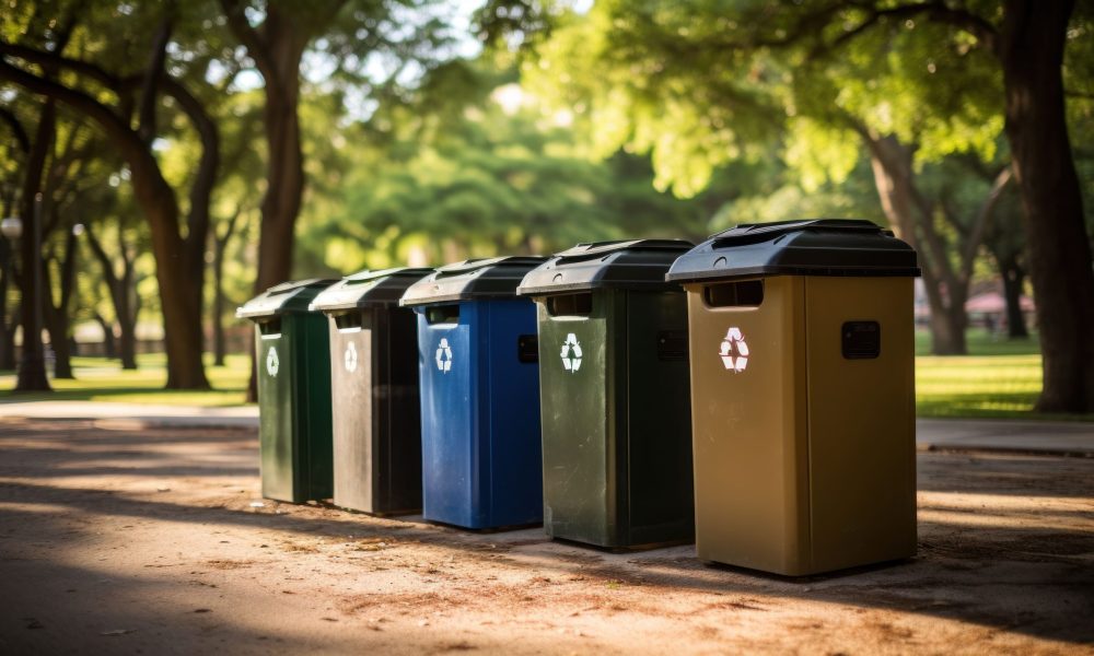 Série de poubelles de recyclage dans un parc.