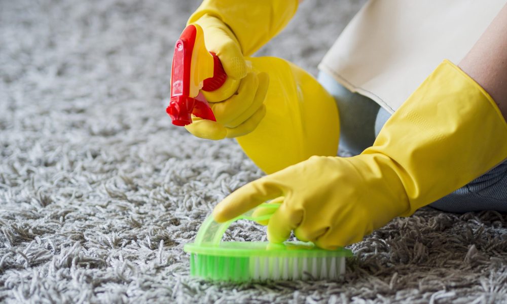 Nettoyage d'un tapis avec une brosse et un spray désinfectant.