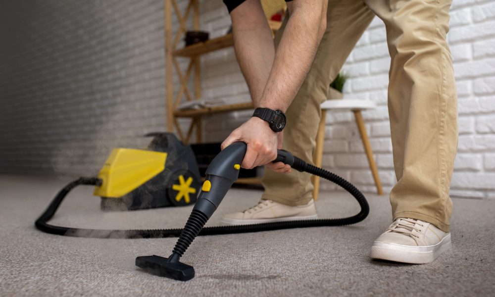 Nettoyage de tapis avec un aspirateur vapeur par un professionnel.